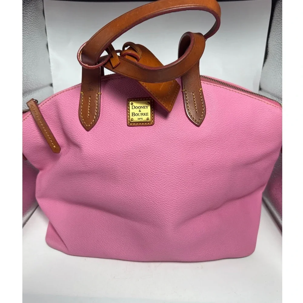 Dooney & Bourke Pink Pebble Grain Leather Satchel Bag Brown‎ Trim Dome Handbag